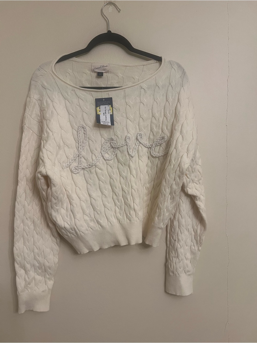 Universal Thread Cream Cable-Knit 'Love' Crewneck Sweater